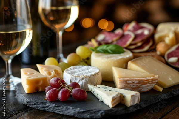 Obraz Cheese plate with grapes, charcuterie and wine, close-up