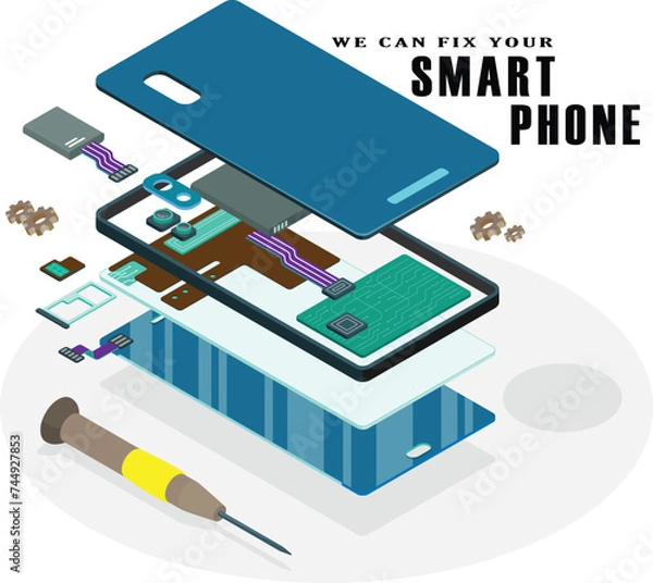 Obraz Repair, maintenance phone banner, flyers, advertisement. Disassembled components, processor of cellphone inside case. Mobile phone electronic diagramed layer. 