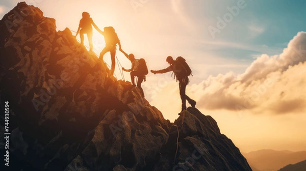 Fototapeta Silhouetted climbers on a rocky mountain at sunset, showcasing teamwork and cooperation in overcoming challenges.
