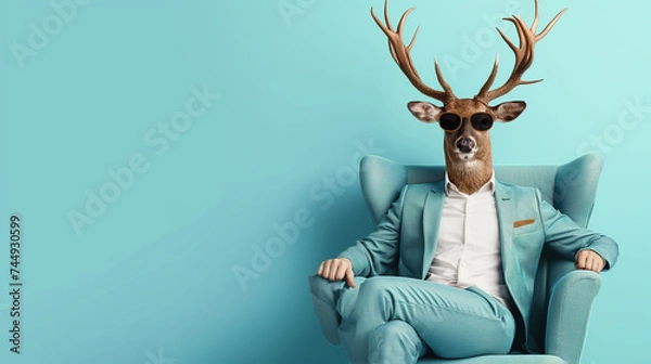 Fototapeta A humorous and surreal image of a deer dressed in a business suit and sunglasses, seated confidently in an armchair.