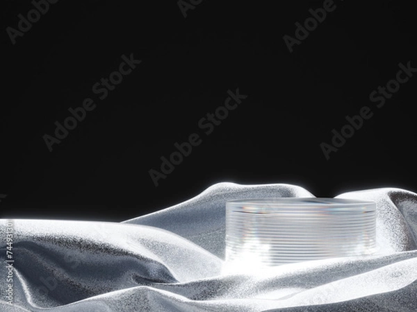 Fototapeta Glass Podium or Pedestal with Sparkling Glitter Texture Fabric in or Elegant and Deluxe Product Presentation or Product Display 3d Rendered