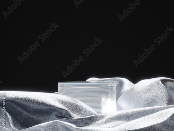 Fototapeta Glass Podium or Pedestal with Sparkling Glitter Texture Fabric in or Elegant and Deluxe Product Presentation or Product Display 3d Rendered