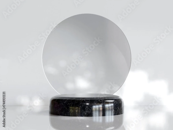 Fototapeta Podium or Pedestal Platform with Black Circular Marble on Bright Sunny Day with Dappled Light for Product Presentation 3d Rendered