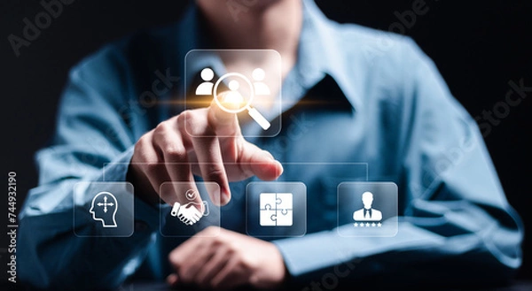 Fototapeta Onboarding concept. Introduce newly hired employee into an organization with behavior, welcome, knowledge, and skills. Person touch onboarding icon on virtual screen