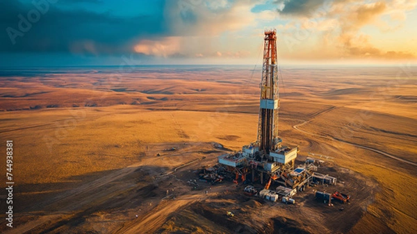 Fototapeta An oil drilling rig stands isolated in the vast desert, captured during the golden hour of sunset, symbolizing energy exploration.