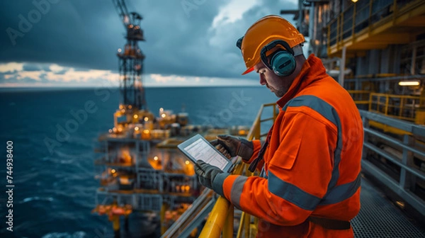 Fototapeta An offshore oil rig worker in safety gear uses a tablet to check systems and processes, against the backdrop of the vast ocean and rig infrastructure.