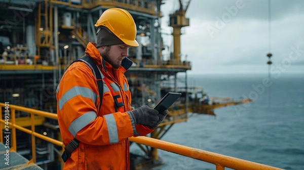 Fototapeta An offshore oil rig worker in safety gear uses a tablet to check systems and processes, against the backdrop of the vast ocean and rig infrastructure.