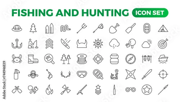 Fototapeta Hunting and fishing icon set.Hunting and fishing line icons collection. Big UI icon set in a flat design. Thin outline icons pack. Mushrooming, Fishing, and Hunting. Outline icon set.