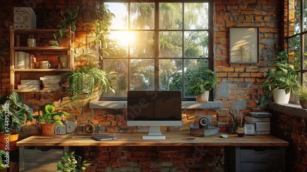 Obraz Empty workspace with a computer and equipment on a table and a loft wall behind it.