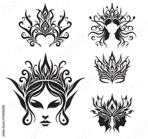 Fototapeta Elegant crowns and design elements in the Elven style, vector illustration