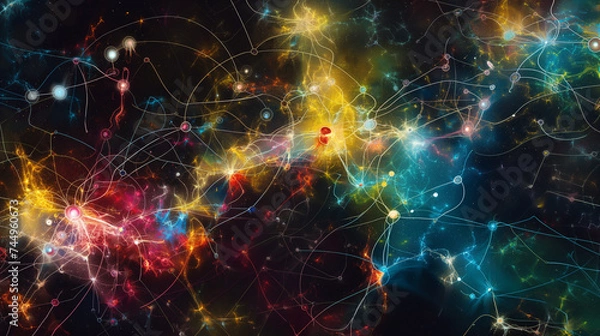 Obraz An abstract representation of a generative AI's thought process, with colorful neural network nodes connecting and expanding in a dark space