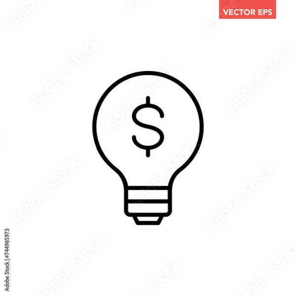 Fototapeta Single black light bulb with dollar mark line icon, simple financial idea flat design interface infographic element for app ui ux web button, vector isolated on white background