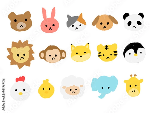 Obraz 子どもがクレヨンで描いたようないろいろな動物の顔の手書き風イラストセット