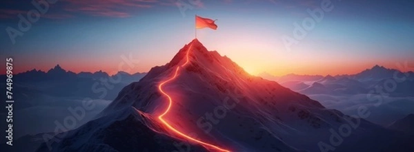 Obraz Concept of step-by-step achievement of goals. Glowing path leading to success and achievements concept with flag on peak of mountain. Ad poster for business the presentation.
