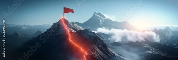 Obraz Concept of step-by-step achievement of goals. Glowing path leading to success and achievements concept with flag on peak of mountain. Ad poster for business the presentation.