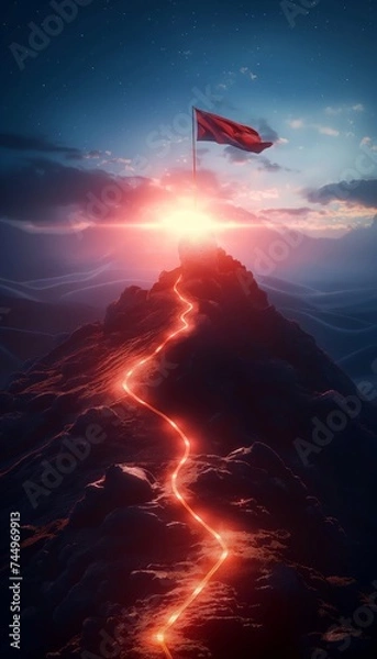 Obraz Concept of step-by-step achievement of goals. Glowing path leading to success and achievements concept with flag on peak of mountain. Ad poster for business in social media stories presentation.
