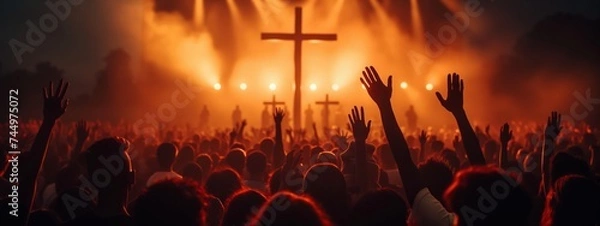 Obraz Happy Easter concept. Christian worship with raised hand in front of the cross background. 