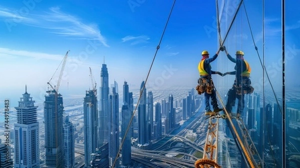 Fototapeta A construction worker in Dubai, UAE, working on a skyscraper, with the citya??s skyline in the background