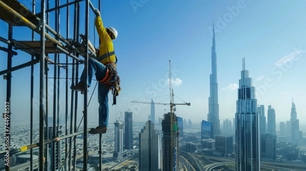 Fototapeta A construction worker in Dubai, UAE, working on a skyscraper, with the citya??s skyline in the background
