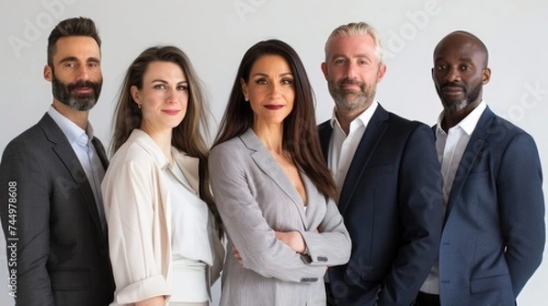 Fototapeta A diverse group of five business professionals in a modern office with a white background. They are all looking directly at the camera with confident smiles