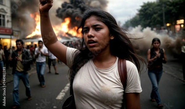 Fototapeta A young female protester raises her clenched fist amidst a fiery cityscape, expressing outrage over social issues