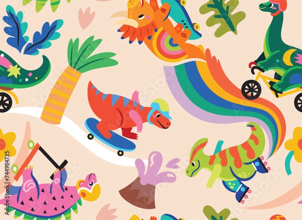 Fototapeta Seamless pattern. Colourful cartoon dinosaurs ride on skates, rollers and bicycle in the park