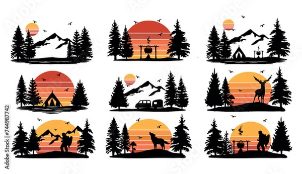 Fototapeta camping in the forest in the mountains vector set silhouette