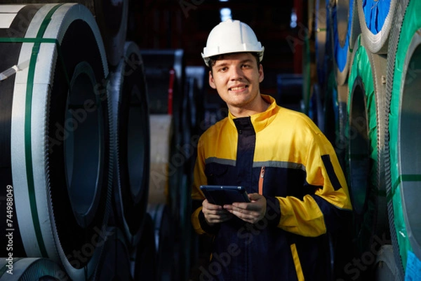 Obraz technician or worker working on tablet and checking sheet metal products in the factory