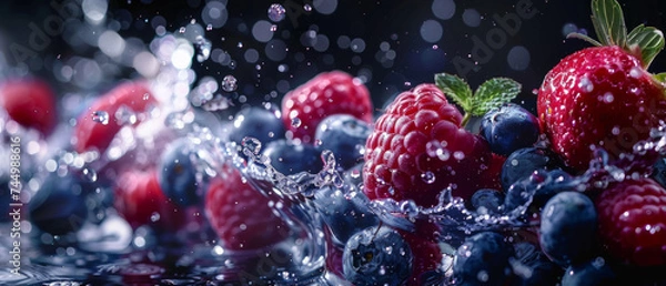 Fototapeta Fresh mixed berries with water splash on a dark background, capturing the dynamic motion of water droplets