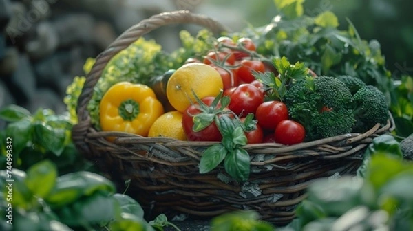 Fototapeta Fresh market bounty close-up, a variety of fruits and vegetables in a rustic basket, sunlit and inviting 