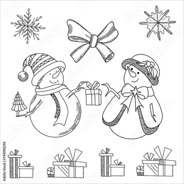 Fototapeta Coloring page hand draw Christmas snowman outline on white background vector illustration
