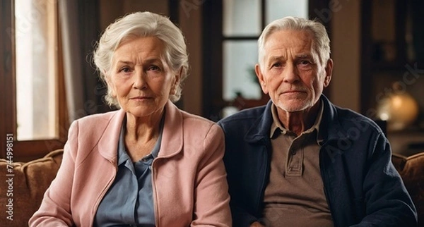 Fototapeta senior couple sitting at home, on sofa, realistic photography, photo, professional look, realistic lighting, day,