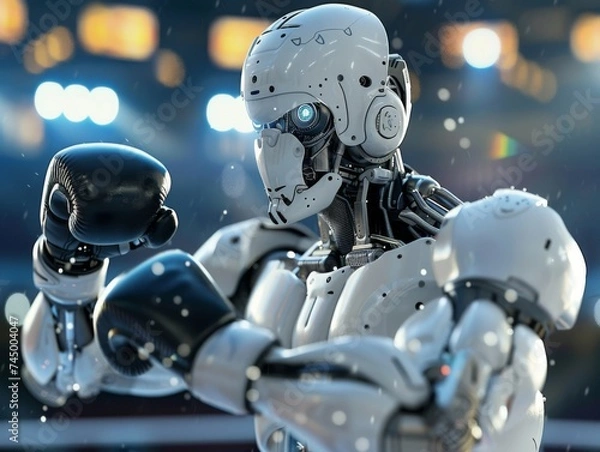 Fototapeta Futuristic robot in boxing stance gloves at the ready with an intensely blurred sporting backdrop