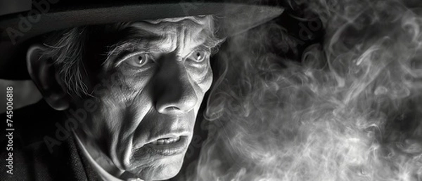Fototapeta The face of a man with a surprised look surrounded by religious smoke. Generated AI