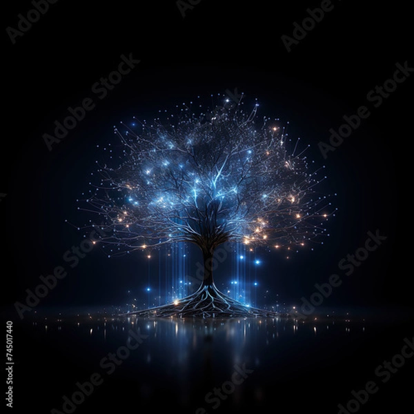Fototapeta metallic tree of neurons, black background, cybertech.