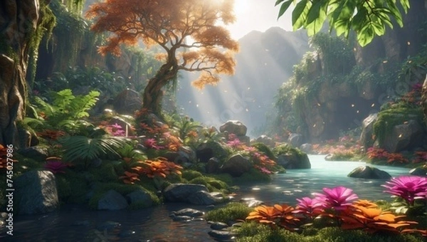 Obraz photos of forest and river views that look beautiful and epic in the morning made by AI generative