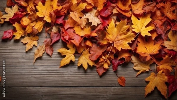 Fototapeta photo of a wooden board with beautiful orange leaves scattered around made by AI generative