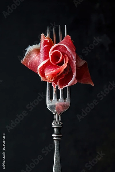 Fototapeta  Elegantly twirled slice of prosciutto ham on an antique fork, isolated on a dark background