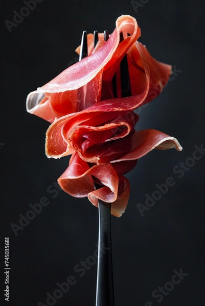 Fototapeta  Elegantly twirled slice of prosciutto ham on an fork, isolated on a dark background