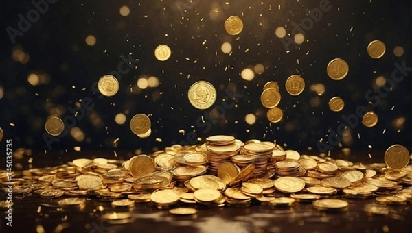 Fototapeta photo of rain and piles of sparkling gold coins made by AI generative