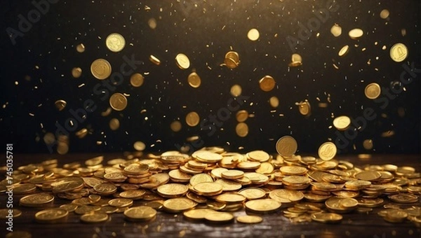 Fototapeta photo of rain and piles of sparkling gold coins made by AI generative
