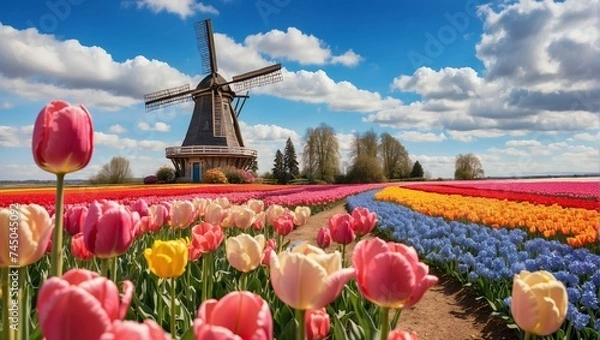 Fototapeta photo of the windmill in the middle of a beautiful tulip garden made by AI generative