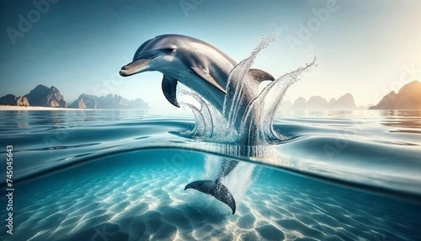 Fototapeta Dolphin jumping out of water. Generative AI.
