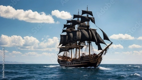 Fototapeta photo of a traditional wooden boat with black sails that looks majestic made by AI generative