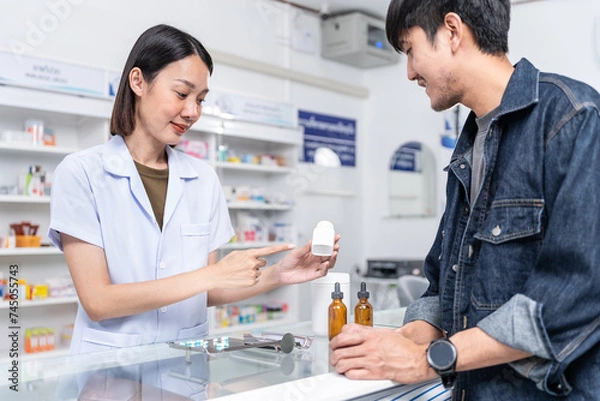 Fototapeta Beautiful asian female pharmacist analyzing about customer symptoms for discussion of the medicine property effect and customer buying pill under prescription order.