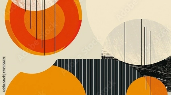 Fototapeta Abstract mid-century modern art. Concept of geometric shapes in orange and beige tones with textured lines and patterns, perfect for a chic boho-style background or poster design.