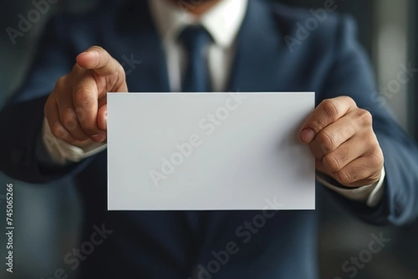 Fototapeta Businessman with blank sign pointing