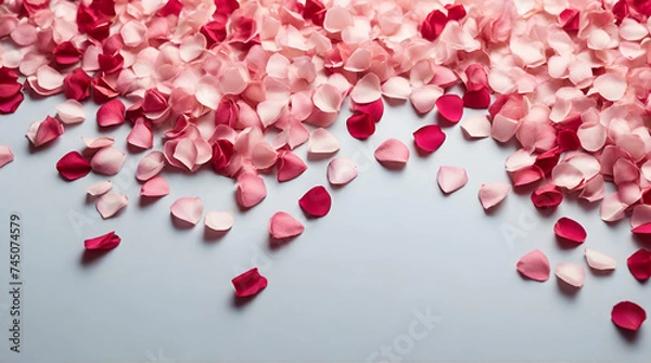 Fototapeta Pink and red rose roses flower petals scattered flat lay composition top view on transparent background cutout, PNG file. Mockup template for artwork. Wallpaper banner border. generative.ai
