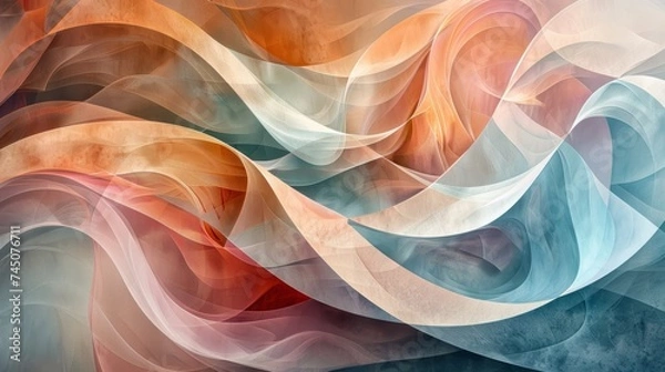 Fototapeta An abstract composition featuring soft swirls and folds of translucent fabric-like textures in a serene blend of orange and blue tones.