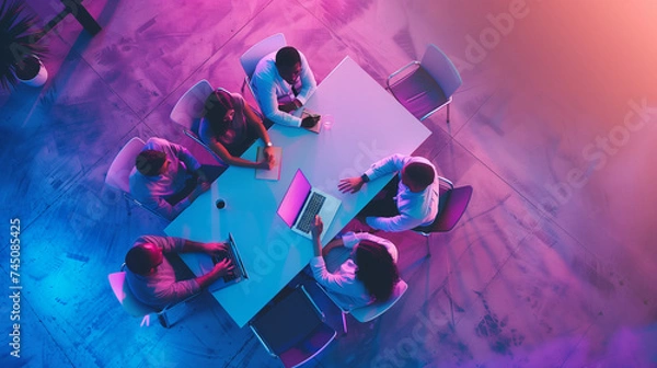 Obraz Team meeting in modern office, Colorful creative workspace with neon lighting | Generative AI